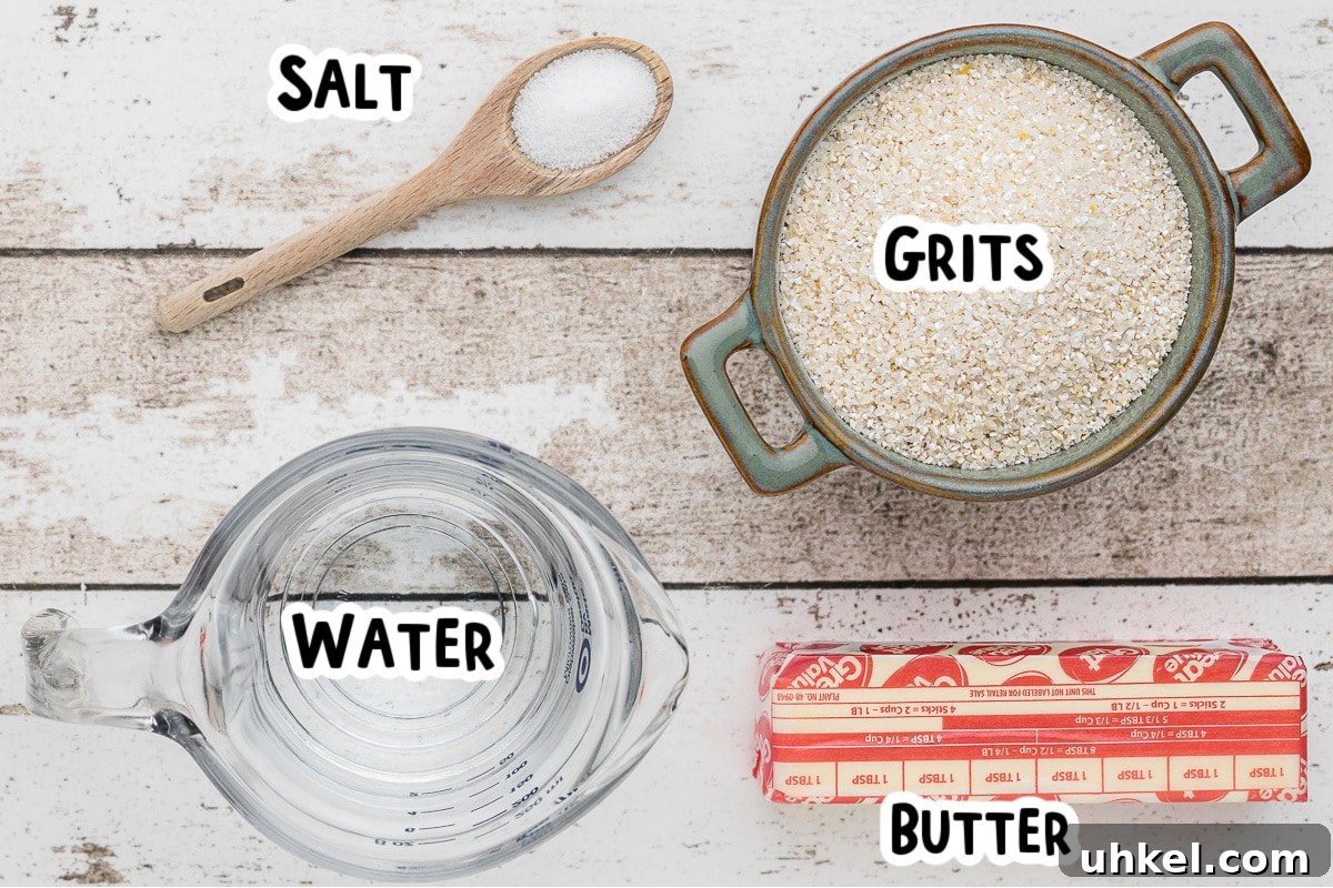 Slow-Cooker Creamy Grits Recipe for Perfectly Smooth Breakfast 3 ingredients for grits on table with text labels.