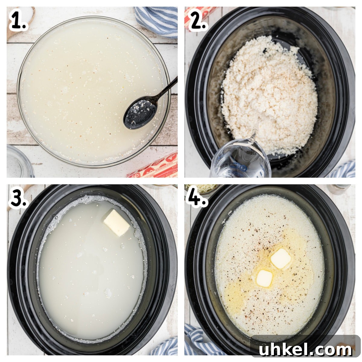 Slow-Cooker Creamy Grits Recipe for Perfectly Smooth Breakfast 4 4 image collage on how to add grits to the slow cooker.