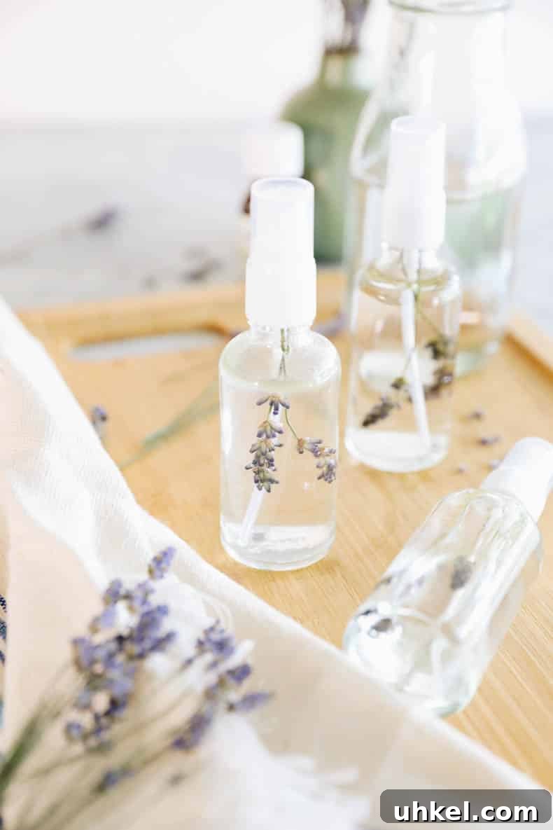 Make Lavender Spray at Home: Simple DIY Room and Linen Mist 2 Lavender spray in a glass spray bottle.
