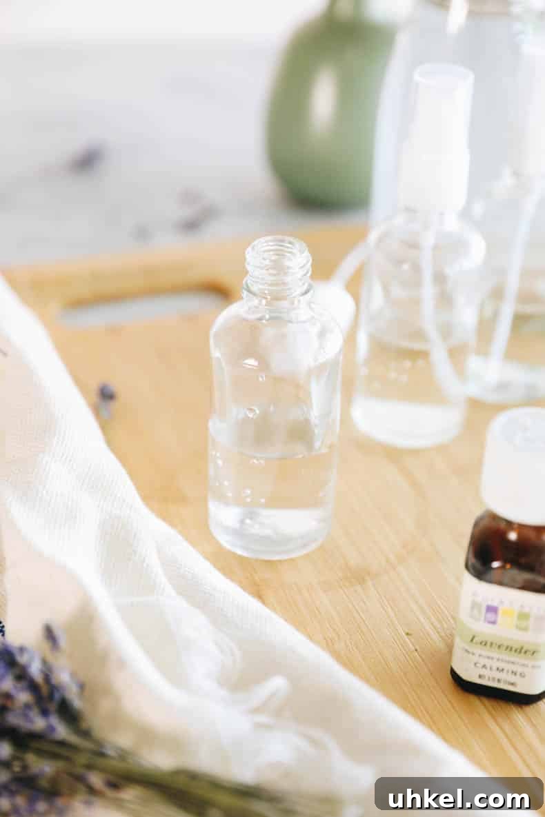 Make Lavender Spray at Home: Simple DIY Room and Linen Mist 4 witch hazel in a clear spray bottle.