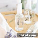 Lavender pillow spray in a glass spray bottle.