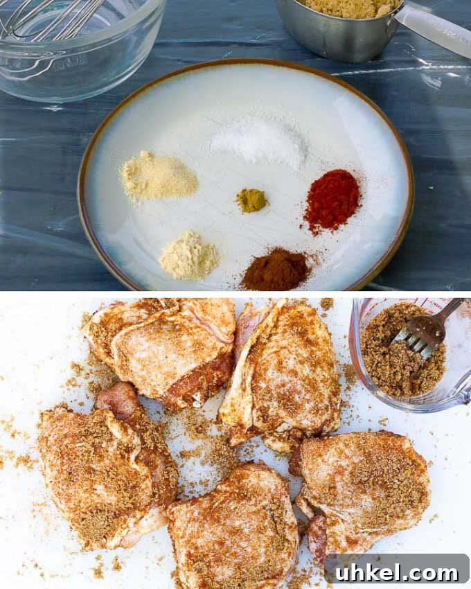 Sticky Asian-Style Grilled Chicken Thighs with Sweet Glaze 4 collage showing brown sugar spice rub