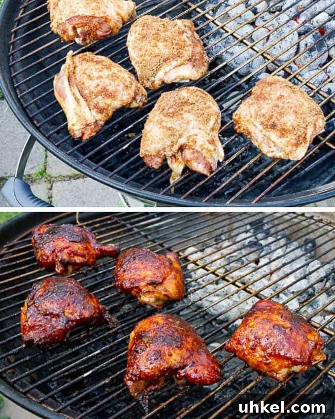 Sticky Asian-Style Grilled Chicken Thighs with Sweet Glaze 5 two photos showing chicken thighs cooking on the grill