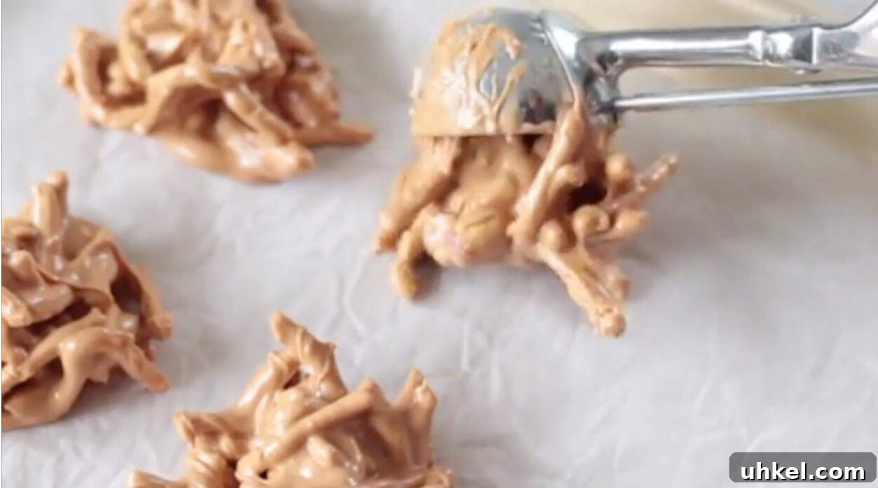 Butterscotch Haystack Cookies | Bird’s Nest Cookie Recipe 7 Scoops of bird's nest mixture on parchment paper.