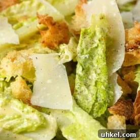 Authentic Caesar Salad Recipe with Creamy Homemade Dressing 7 close up of homemade Caesar salad