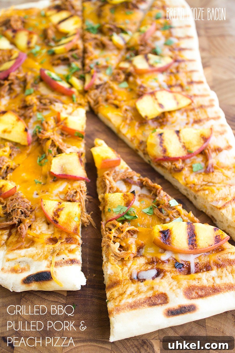 Grilled BBQ Pulled Pork & Peach Gourmet Pizza Recipe - luscious pork with fresh peaches and cilantro