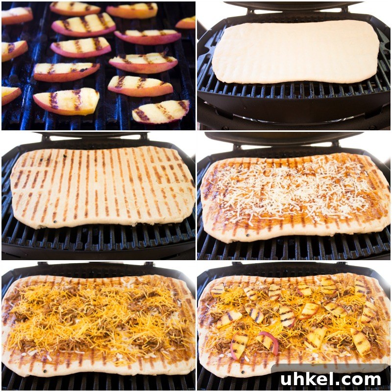 Grilled BBQ Pulled Pork & Peach Gourmet Pizza - close up of pizza with peaches and cilantro