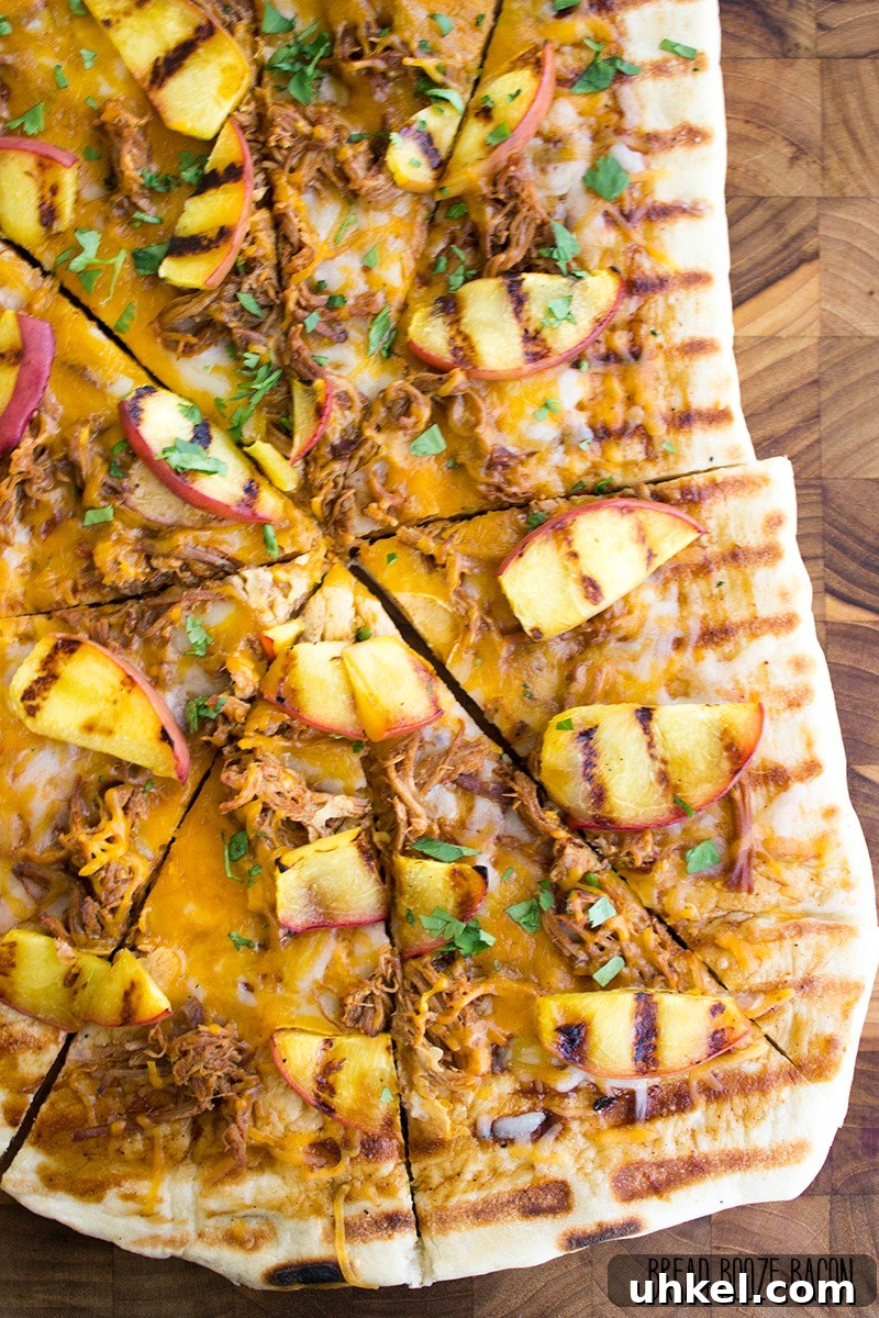 Grilled BBQ Pulled Pork & Peach Gourmet Pizza - finished pizza on board