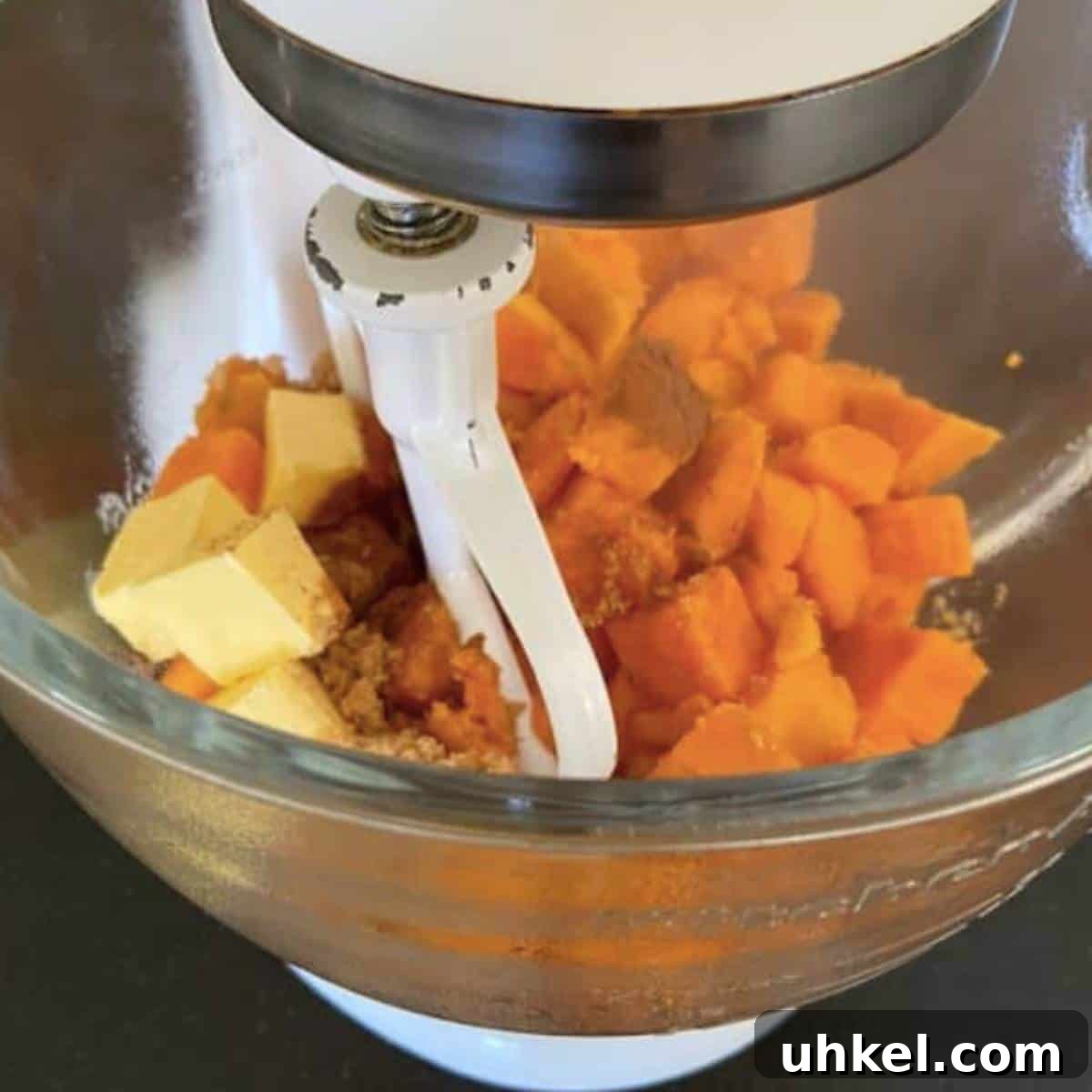 Creamy Whipped Sweet Potatoes Recipe for Holiday Sides 6 Whipped sweet potato ingredients in stand mixer.