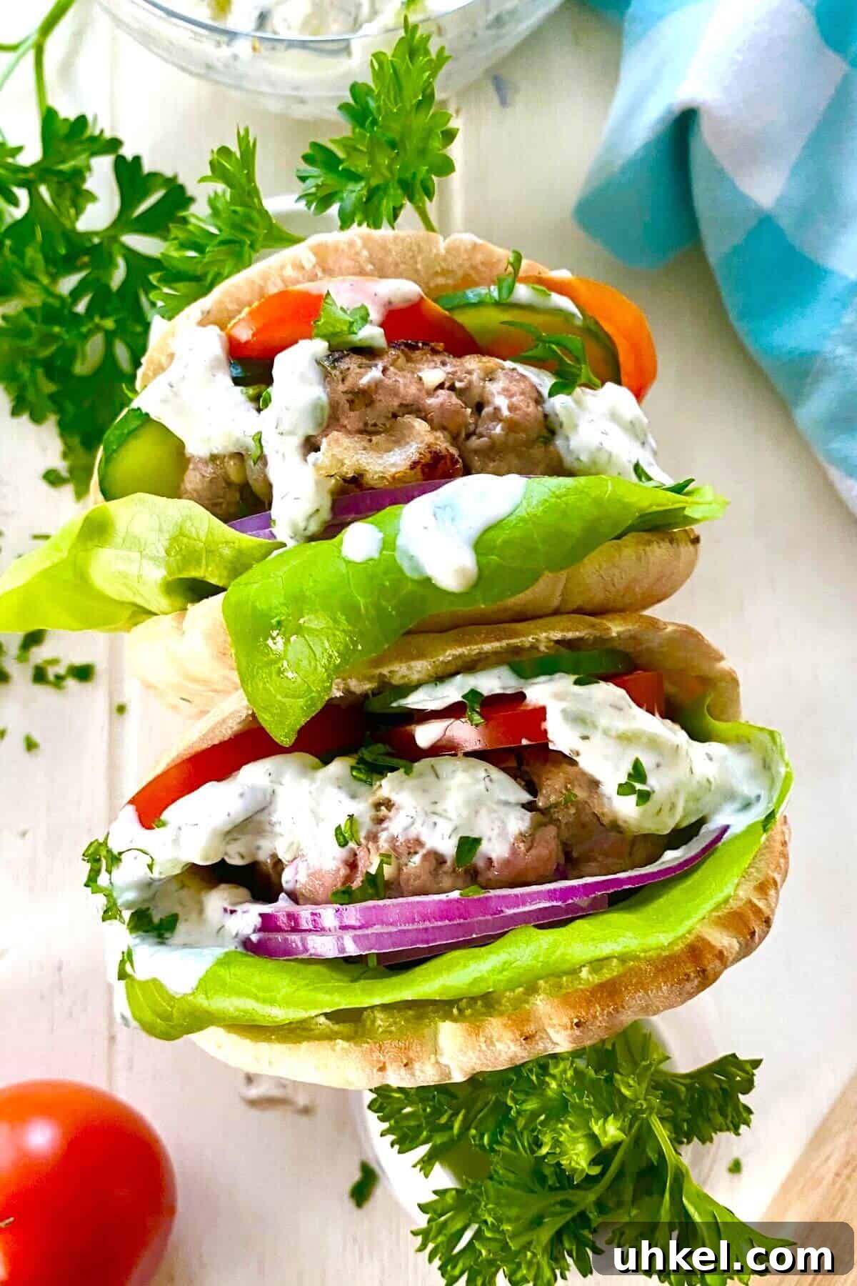 Mini Greek Turkey Sliders with Cucumber Tzatziki 2 2 Greek turkey burgers in pitas.