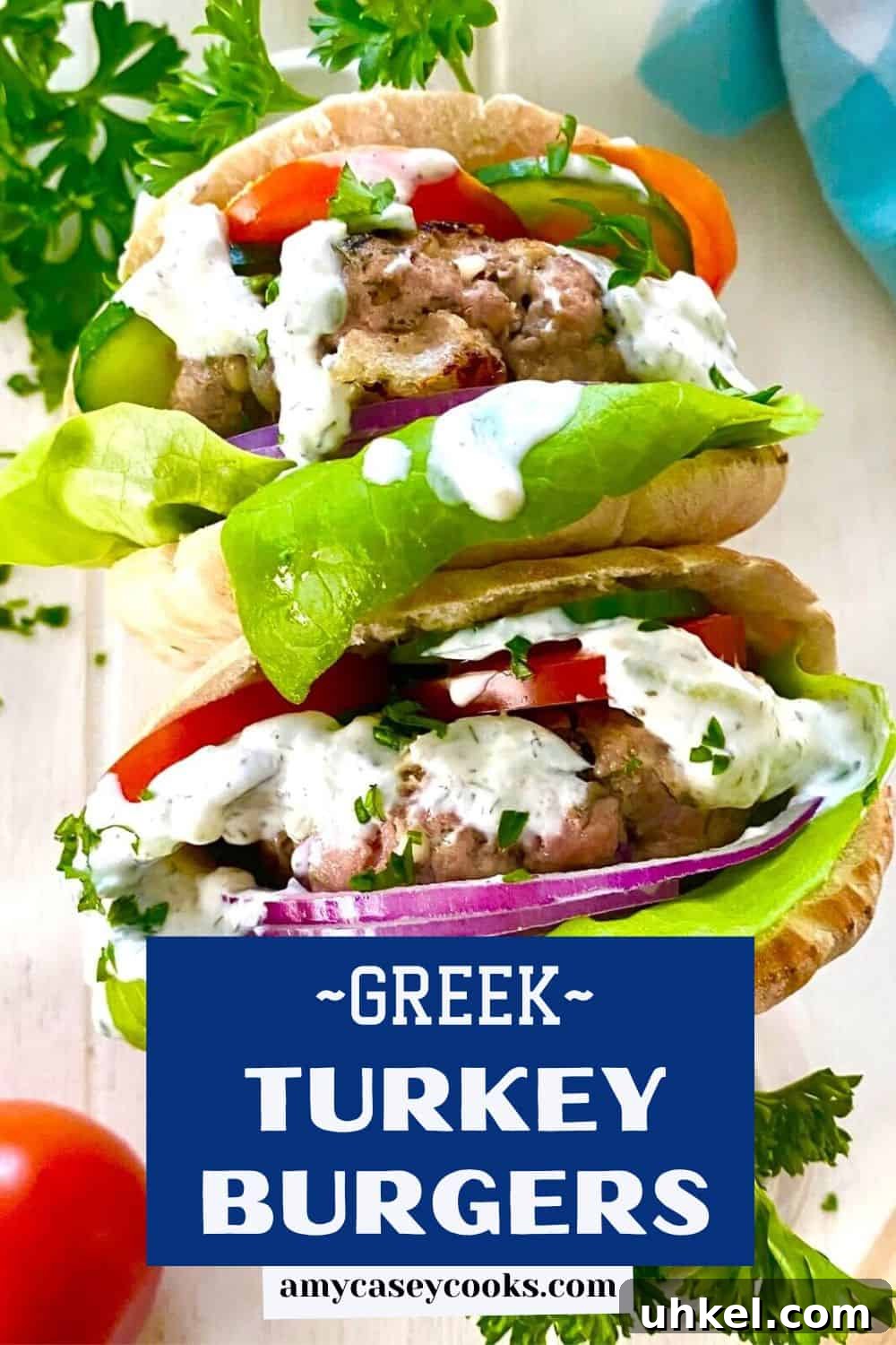 Mini Greek Turkey Sliders with Cucumber Tzatziki 10 Greek turkey burgers in pitas.