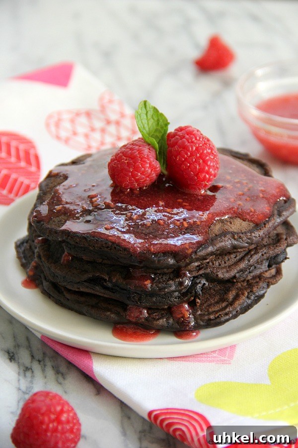 Dark Chocolate Pancakes with Fresh Raspberry Sauce 3 Dark Chocolate Pancakes
