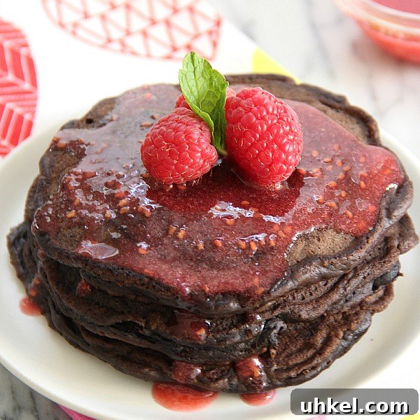 Dark Chocolate Pancakes with Raspberry Sauce