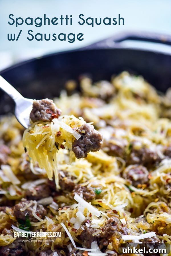 How to Cook Spaghetti Squash Recipe with Sausage | EatBetterRecipes.com How to Cook Spaghetti Squash on a fork