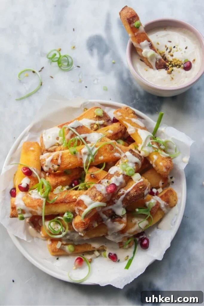 Pile of halloumi fries on a white plate with pomegranate seeds, spring onion and tahini sauce drizzled on top.