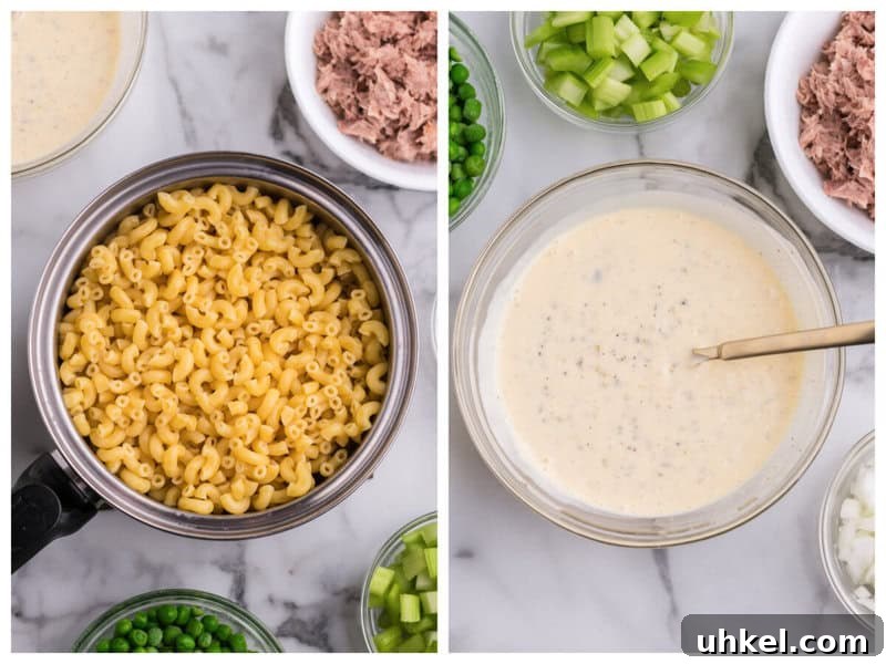 Creamy Tuna Macaroni Salad Recipe for Picnics & Potlucks 5 cooked macaroni noodles and the dressing for the macaroni salad.