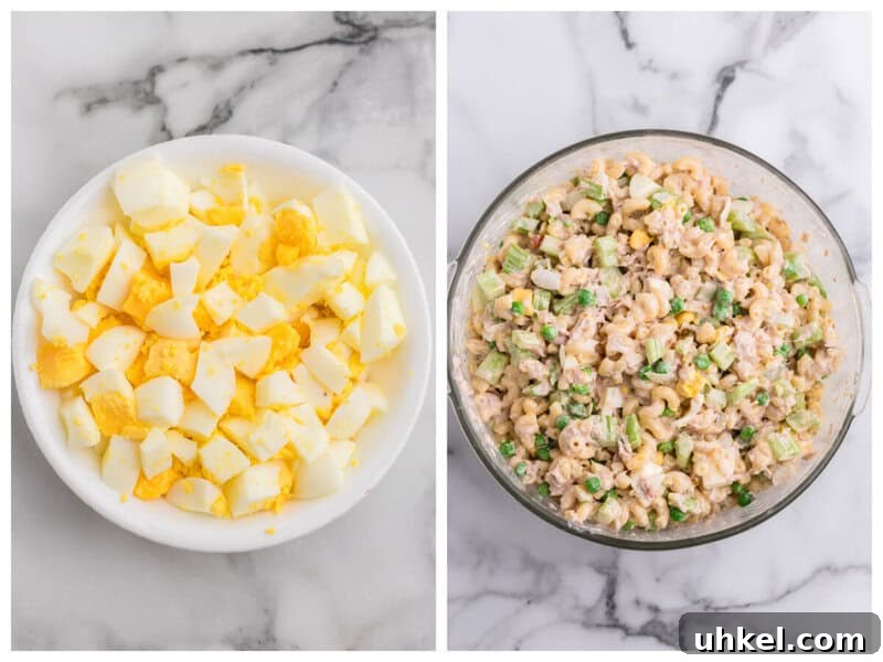 Creamy Tuna Macaroni Salad Recipe for Picnics & Potlucks 8 adding the diced hard-boiled eggs to the macaroni salad.