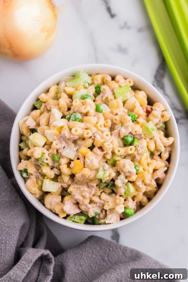 Creamy Tuna Macaroni Salad Recipe for Picnics & Potlucks 9 top down view of the Tuna Macaroni Salad.