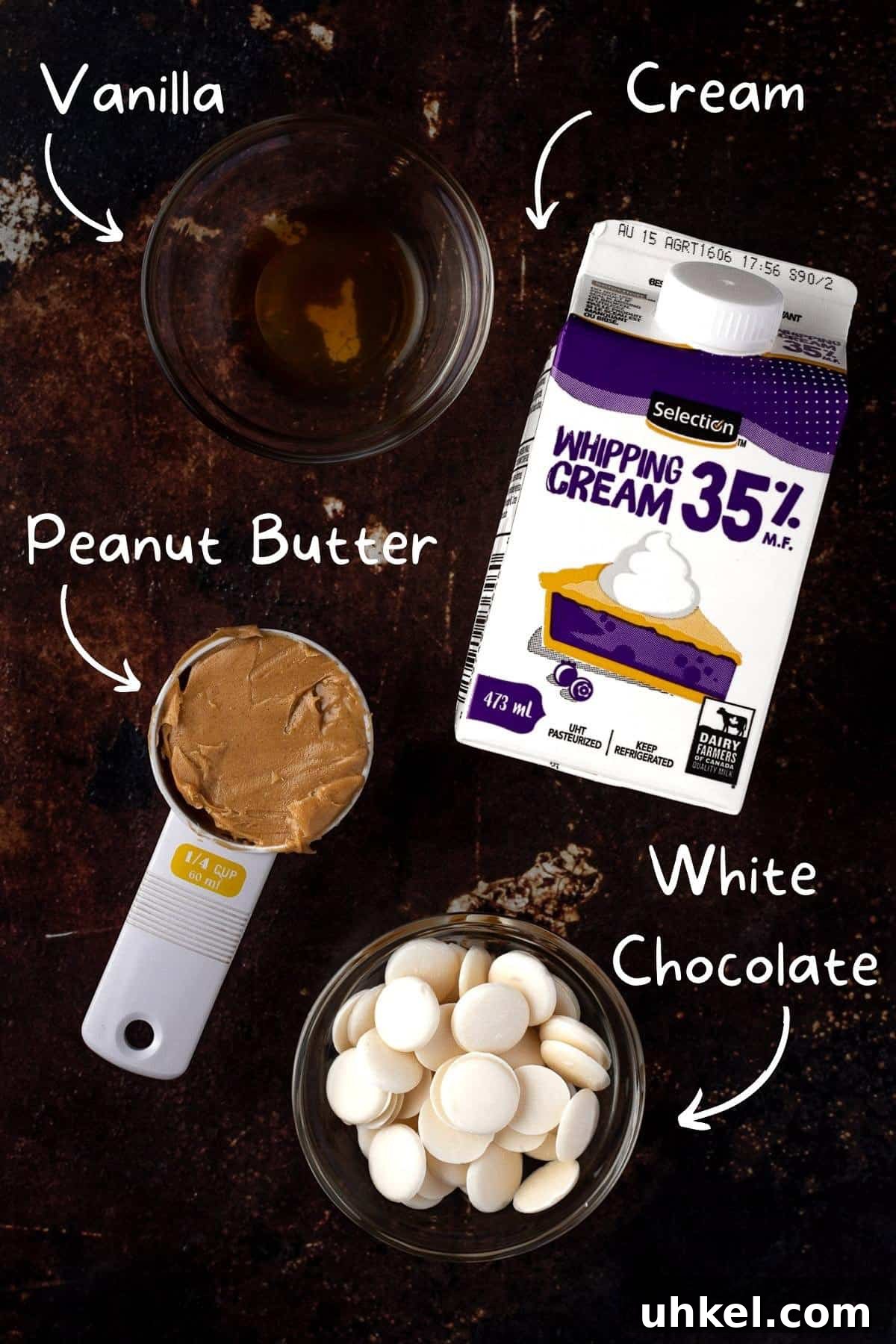Decadent Peanut Butter Ganache Recipe for Cakes and Desserts 4 Overhead view of the ingredients needed to make the ganache.
