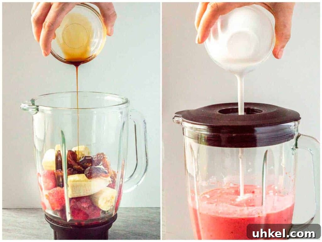 Creamy Strawberry Banana Vegan Smoothie Recipe 5 Split view showing strawberries and bananas in a blender jar on the left, and blended into a smoothie on the right