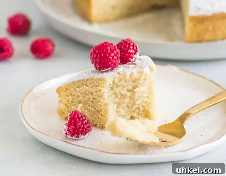 Decadent No-Egg Vanilla Crazy Cake Recipe for Moist Homemade Cake 5 slice of cake on a plate with a fork taking a bite out of it and the rest of the cake in the background