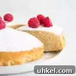 Decadent No-Egg Vanilla Crazy Cake Recipe for Moist Homemade Cake 6 sliced cake on a cake plate with powdered sugar and raspberries on top