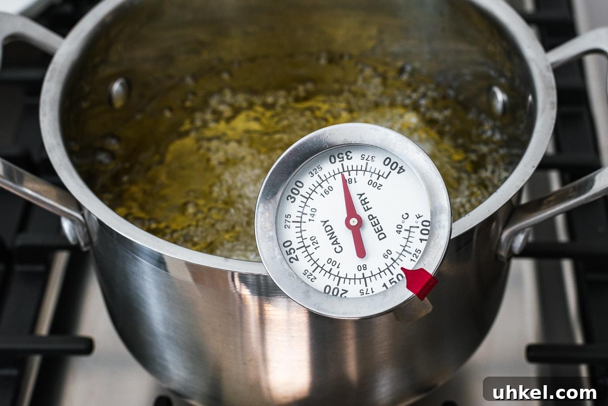 Crispy Authentic Middle Eastern Falafel Recipe 10 A pot with cooking oil and a thermometer that reads 350 °F.