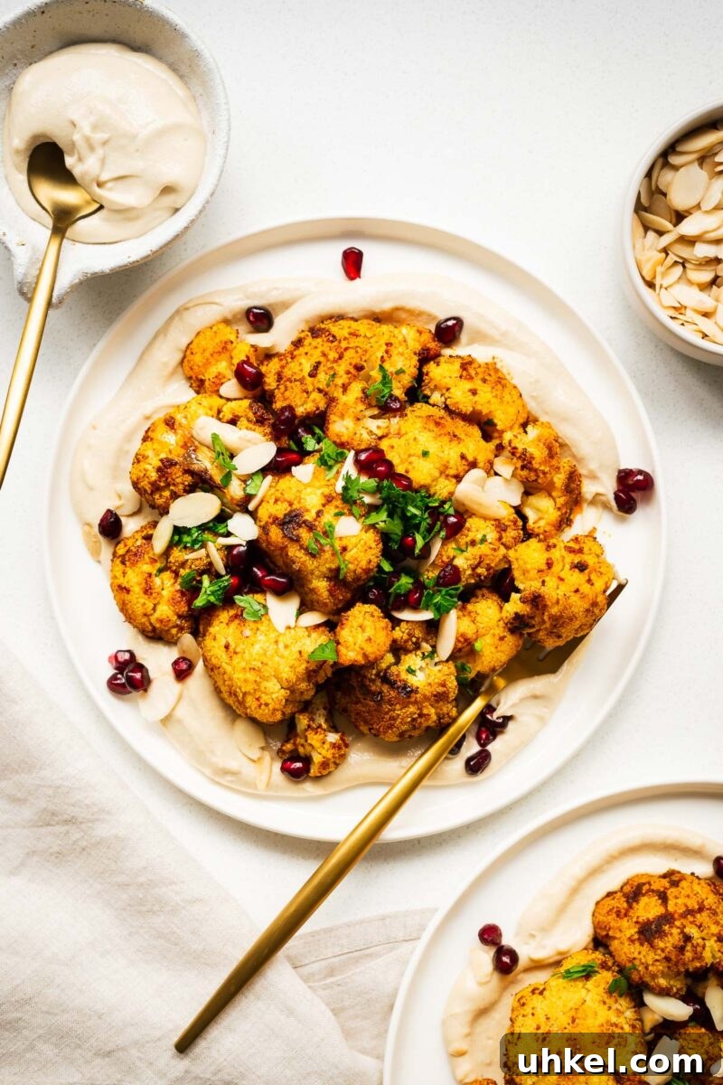 Crispy Authentic Middle Eastern Falafel Recipe 16 Roasted cauliflower florets on top of creamy tahini sauce with pomegranate, flaked almonds and fresh parsley on a serving plate.