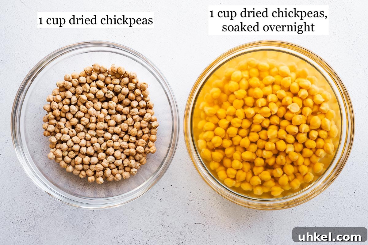 Crispy Authentic Middle Eastern Falafel Recipe 6 Dried chickpeas in a glass bowl next to dried chickpeas that were soaked overnight.