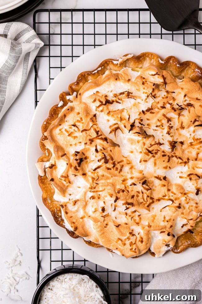 coconut pie on a cooling rack