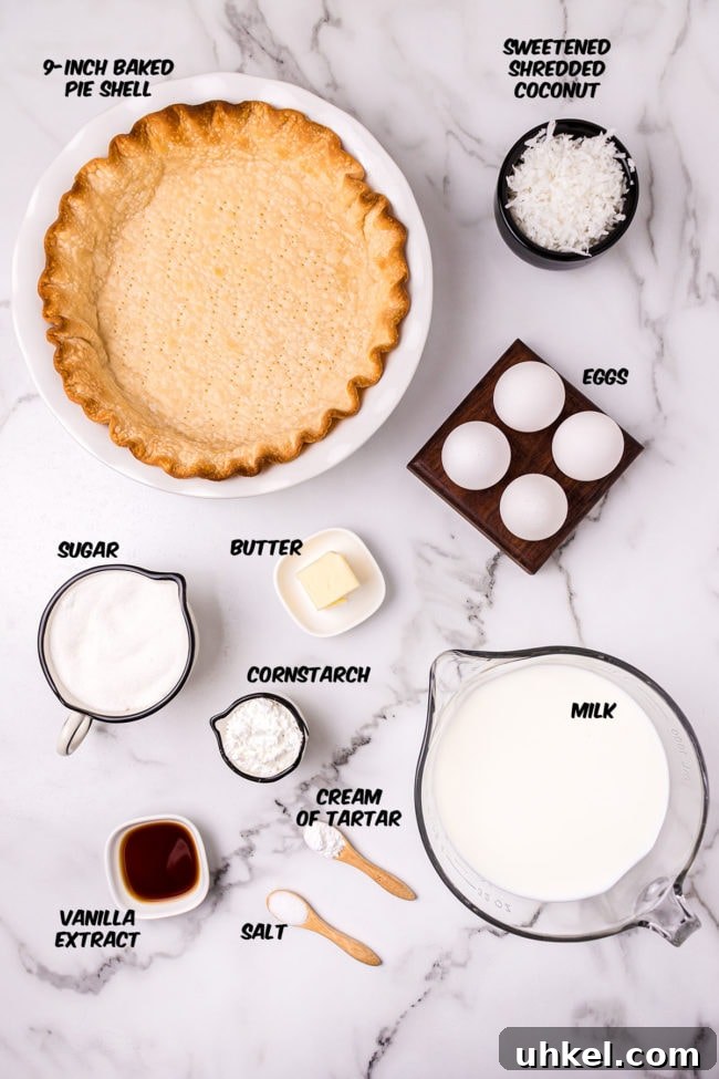 ingredients for coconut meringue pie on a counter