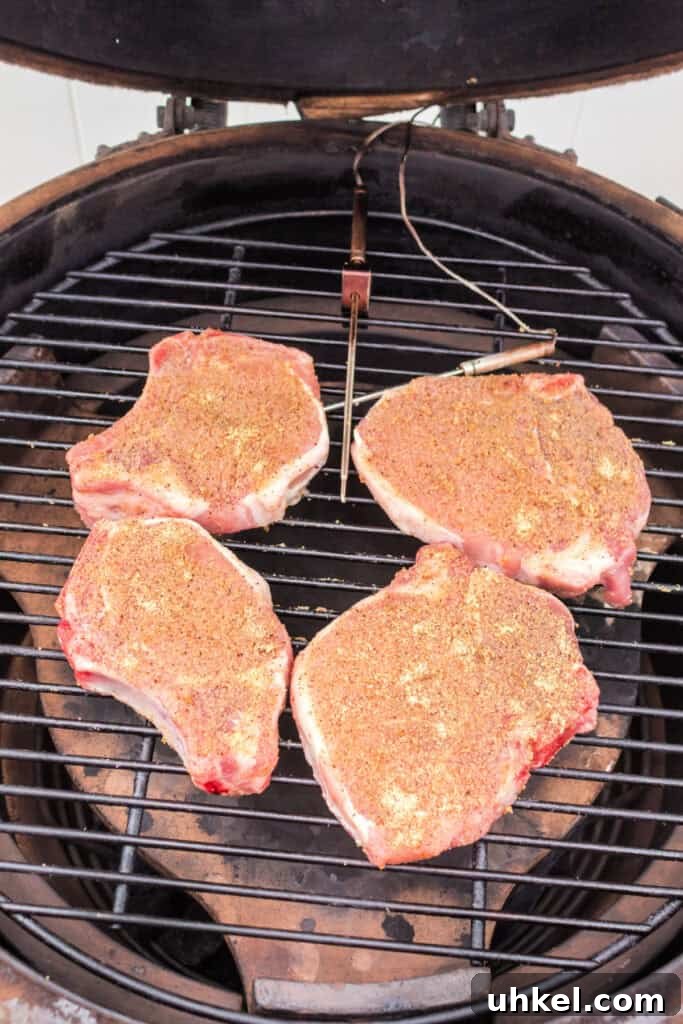 Smoked Pork Chops Recipe: Tender, Juicy Flavor from the Smoker 8 Seasoned pork chops arranged on a smoker grill ready to cook