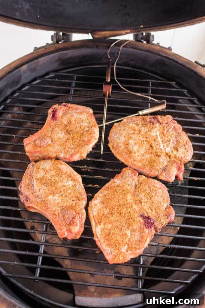 Smoked Pork Chops Recipe: Tender, Juicy Flavor from the Smoker 9 Pork chops partially cooked and smoking on the grill