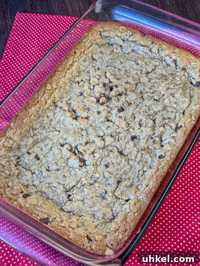 Gooey Chocolate Peanut Butter Oatmeal Bars Recipe 9 Overhead view of a 9x13" pan of chocolate peanut butter bars with oatmeal with perfectly golden edges and a gooey center sitting on a red napkin with white dots.