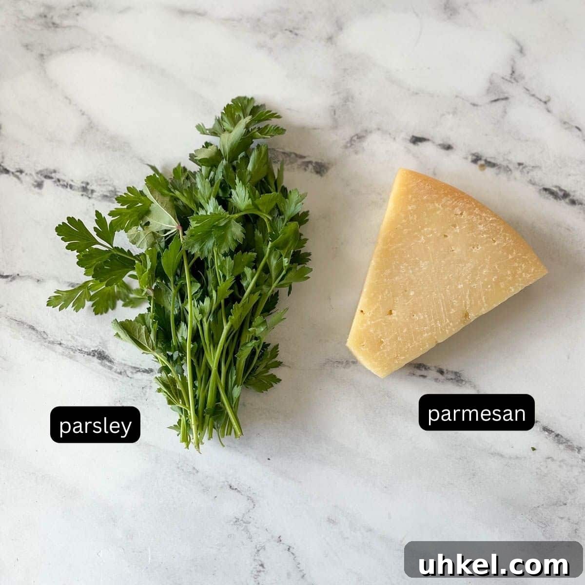 Instant Pot Tortellini Soup Recipe: Creamy Italian Comfort in 20 Minutes 4 Labeled parsley and parmesan sit on a white marble counter.