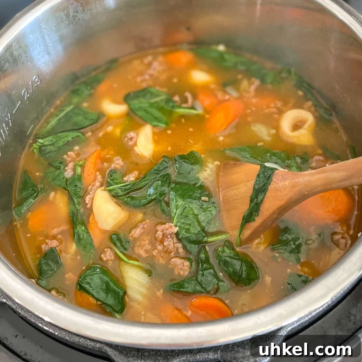 Instant Pot Tortellini Soup Recipe: Creamy Italian Comfort in 20 Minutes 9 Spinach is added to soup.