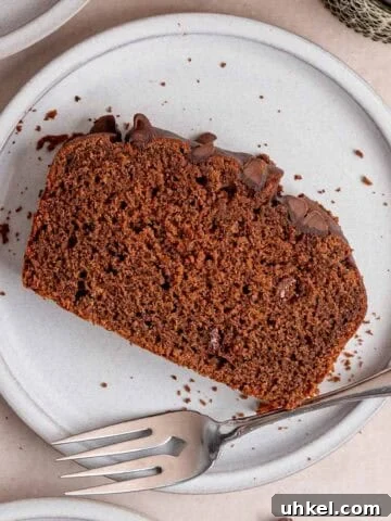A slice of chocolate loaf cake with chocolate chips on a plate with a fork.