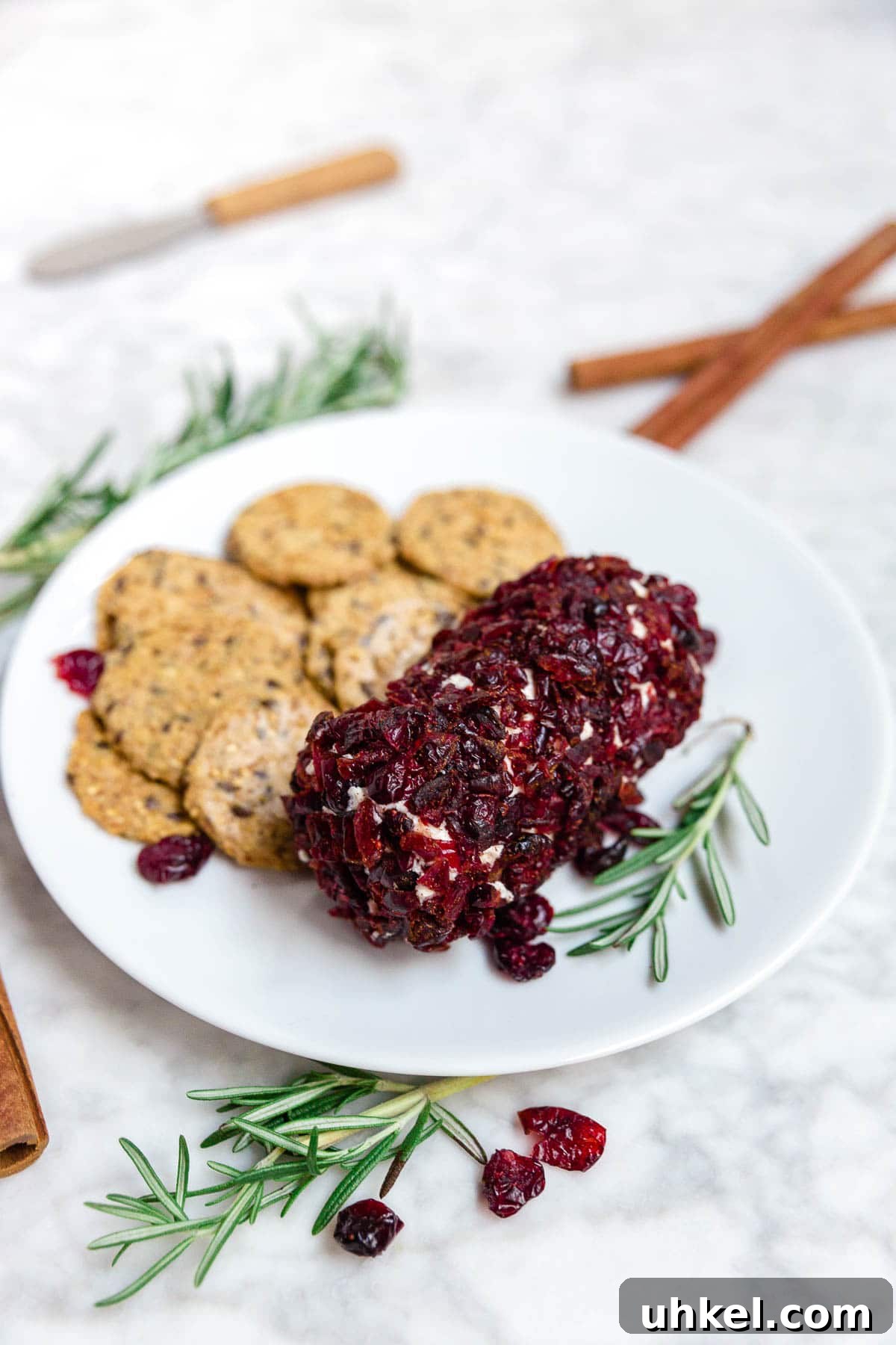 Cranberry Goat Cheese Log Recipe for Holiday Entertaining 3 A plate with cranberry cinnamon goat cheese log and cinnamon sticks.