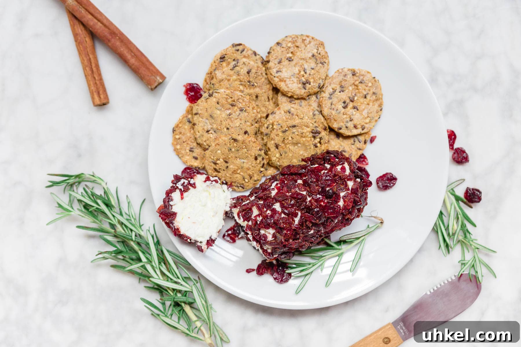Cranberry Goat Cheese Log Recipe for Holiday Entertaining 5 Plate of gluten-free crackers with cranberry rolled goat cheese log and cinnamon.