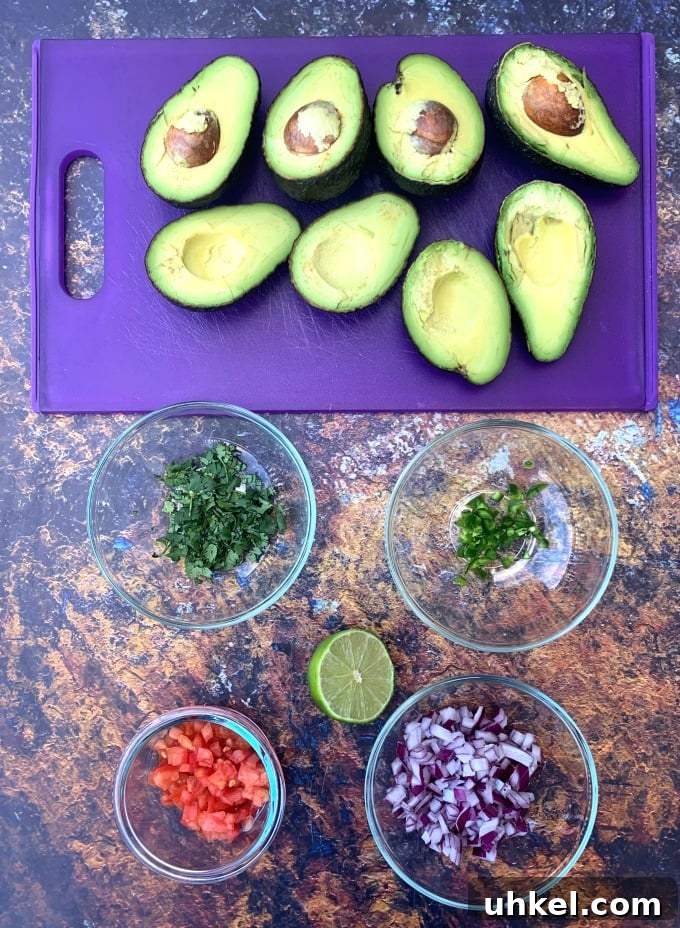 Quick Homemade Guacamole Recipe Ready in Minutes 3 ingredients for keto guacamole avocado, cilantro, tomatoes, and lime in bowls