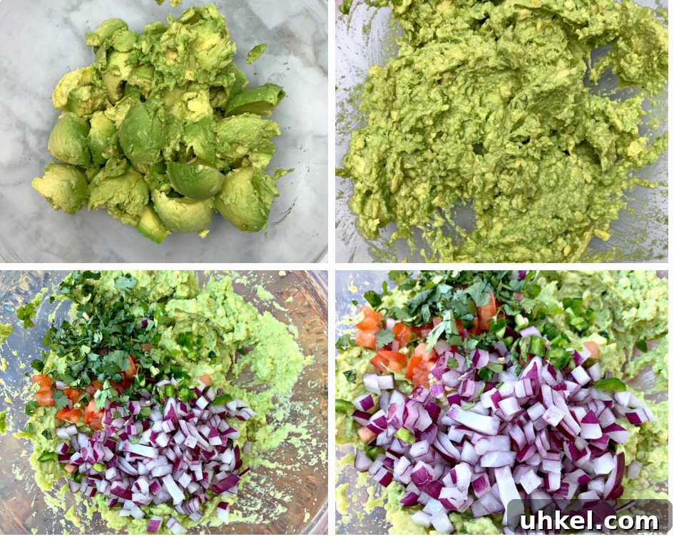 Quick Homemade Guacamole Recipe Ready in Minutes 4 keto guacamole progress photos with mashed avocado and vegetables in a glass bowl