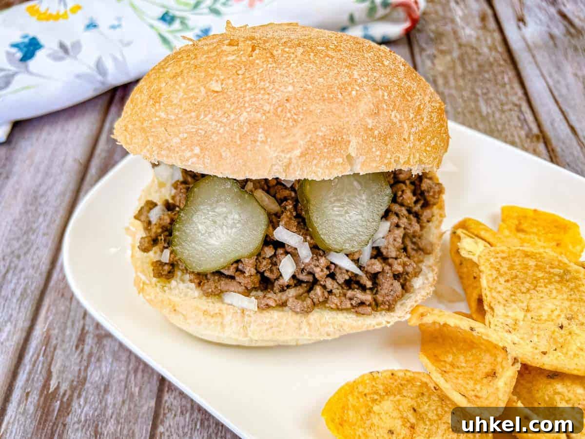 19 Budget-Friendly Dinners That Cut Your Grocery Bill (Delicious!) 14 Copycat Maid-Rite Loose Meat Sandwich on a white plate with chips.