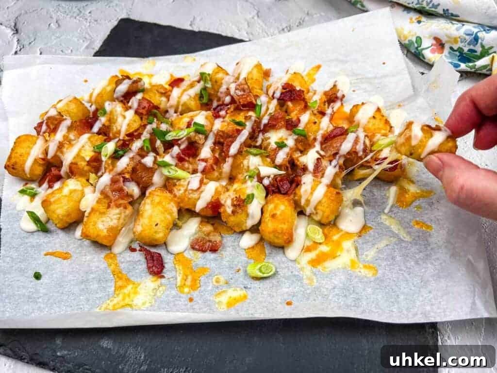 19 Budget-Friendly Dinners That Cut Your Grocery Bill (Delicious!) 20 A tray of cheddar bacon loaded tater tots, drizzled with Alfredo sauce, with a hand-picking one up.