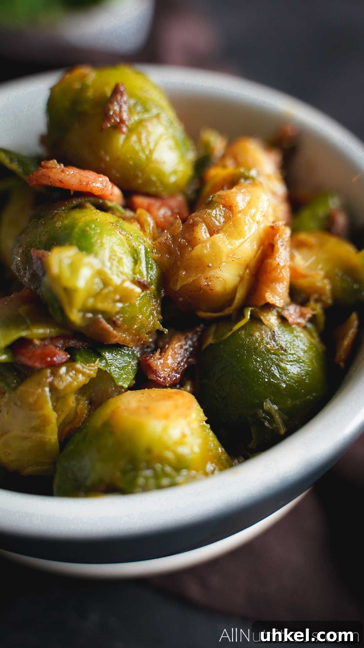 Caramelized Brussels Sprouts with Bacon and Sweet Dates 10 close up of bacon brussel sprouts