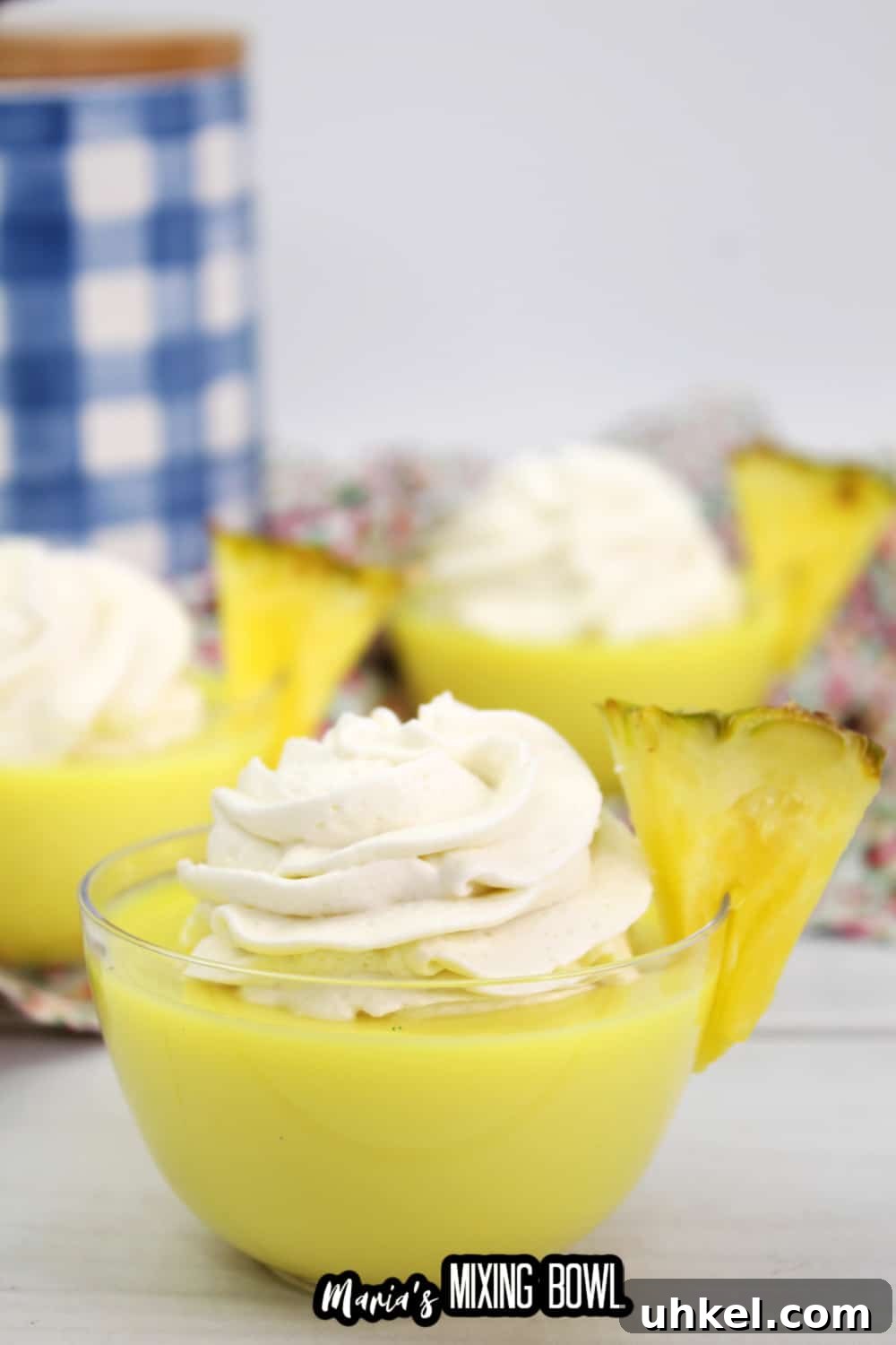dole whip shot in a small glass bowl garnished with a slice of pineapple