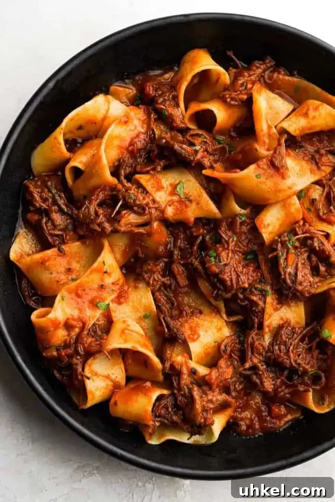Beef short rib ragu An overhead view of beef short rib ragu over pappardelle, showcasing the rich, hearty sauce and tender meat.
