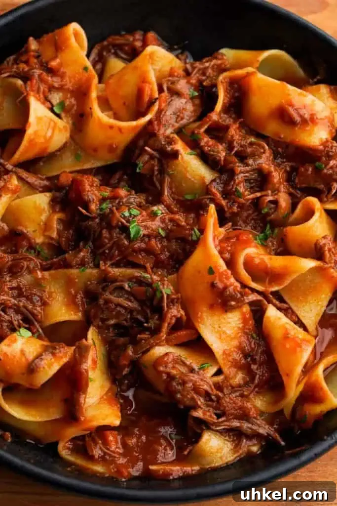 short rib ragu A plate of pappardelle topped with braised short rib ragu, featuring a deep, savory sauce and visible herbs.