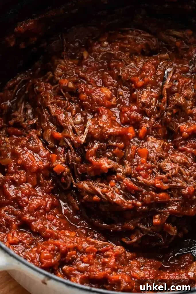 short ribs ragu Close-up of tender short ribs cooked in a deep red tomato sauce with visible vegetable pieces, showing the hearty texture.