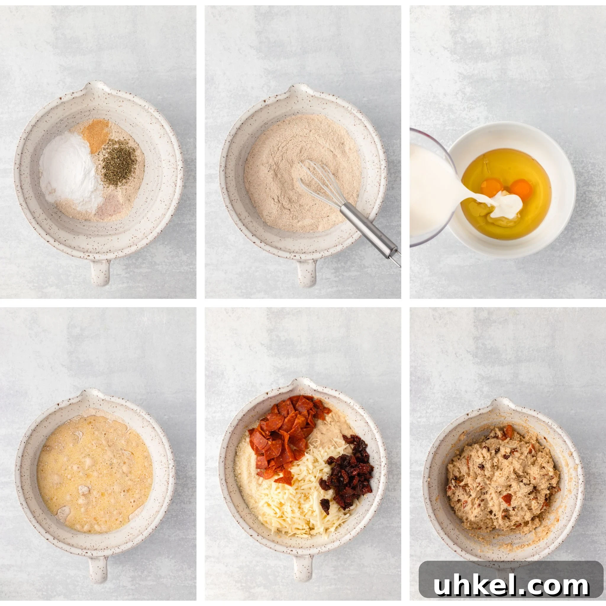 Cheesy Pizza Muffins Recipe: Savory Bite-Sized Breakfasts 5 Flour, bread crumbs, and eggs in bowls for baking recipe preparation.
