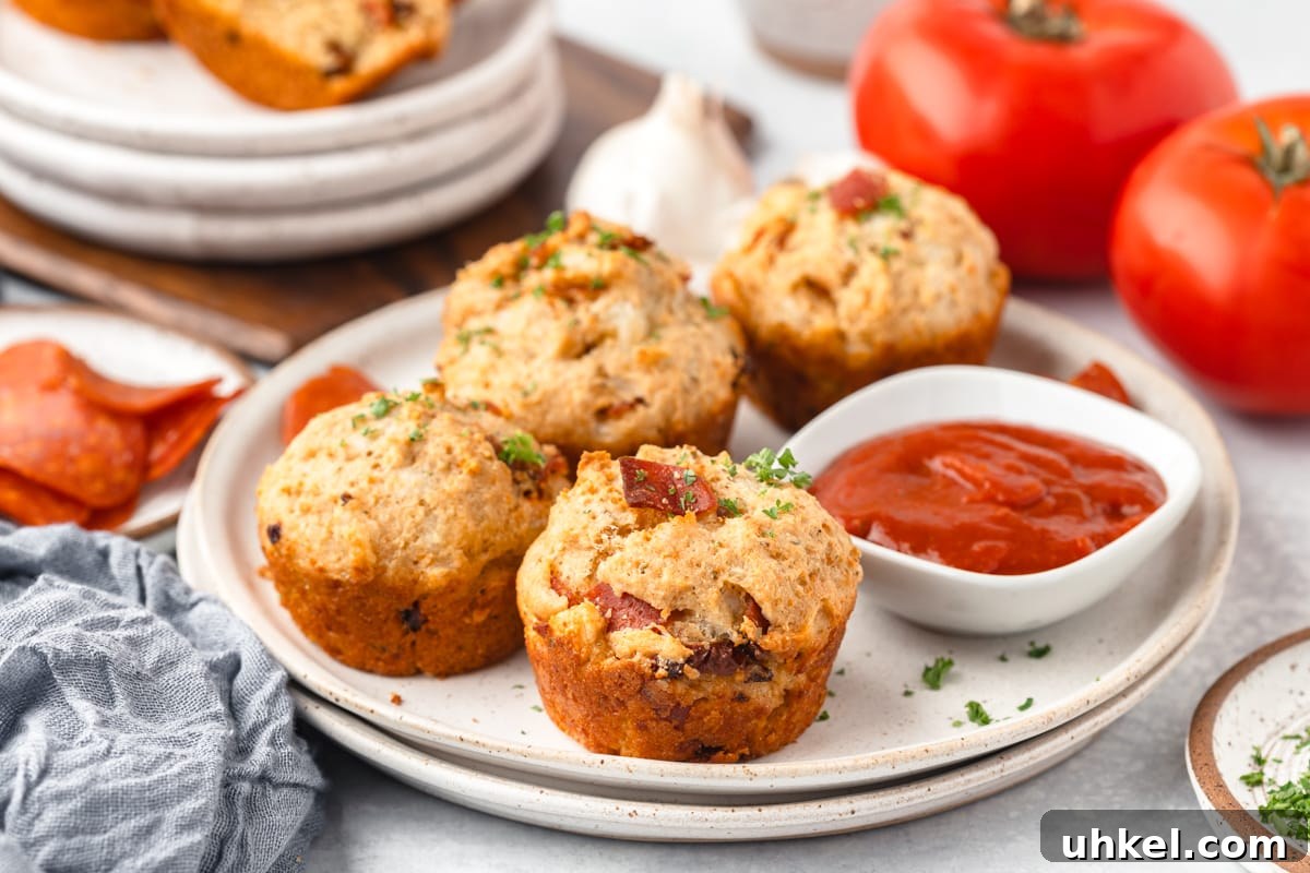 Cheesy Pizza Muffins Recipe: Savory Bite-Sized Breakfasts 7 Crispy baked mini meatloaf muffins with herbs served with tomato sauce, garlic, and fresh tomatoes.